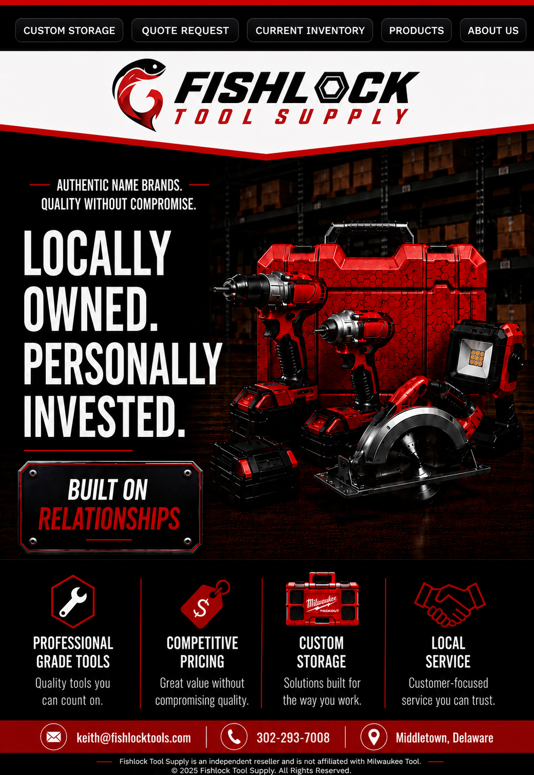 Fishlock Tool Supply homepage with navigation, professional tools, service highlights, and contact information.